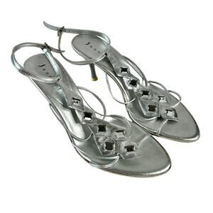 Jeannot Ankle Strap Silver Sandal Size 10 With Clear Jewels On Top Of Foot NIB